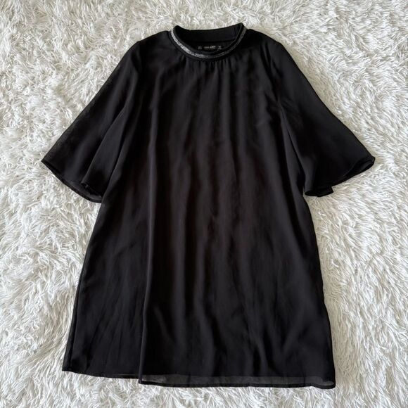 Zara Black Chiffon Flowy A-line Shift Dress with Metallic Collar Size M - Picture 5 of 6